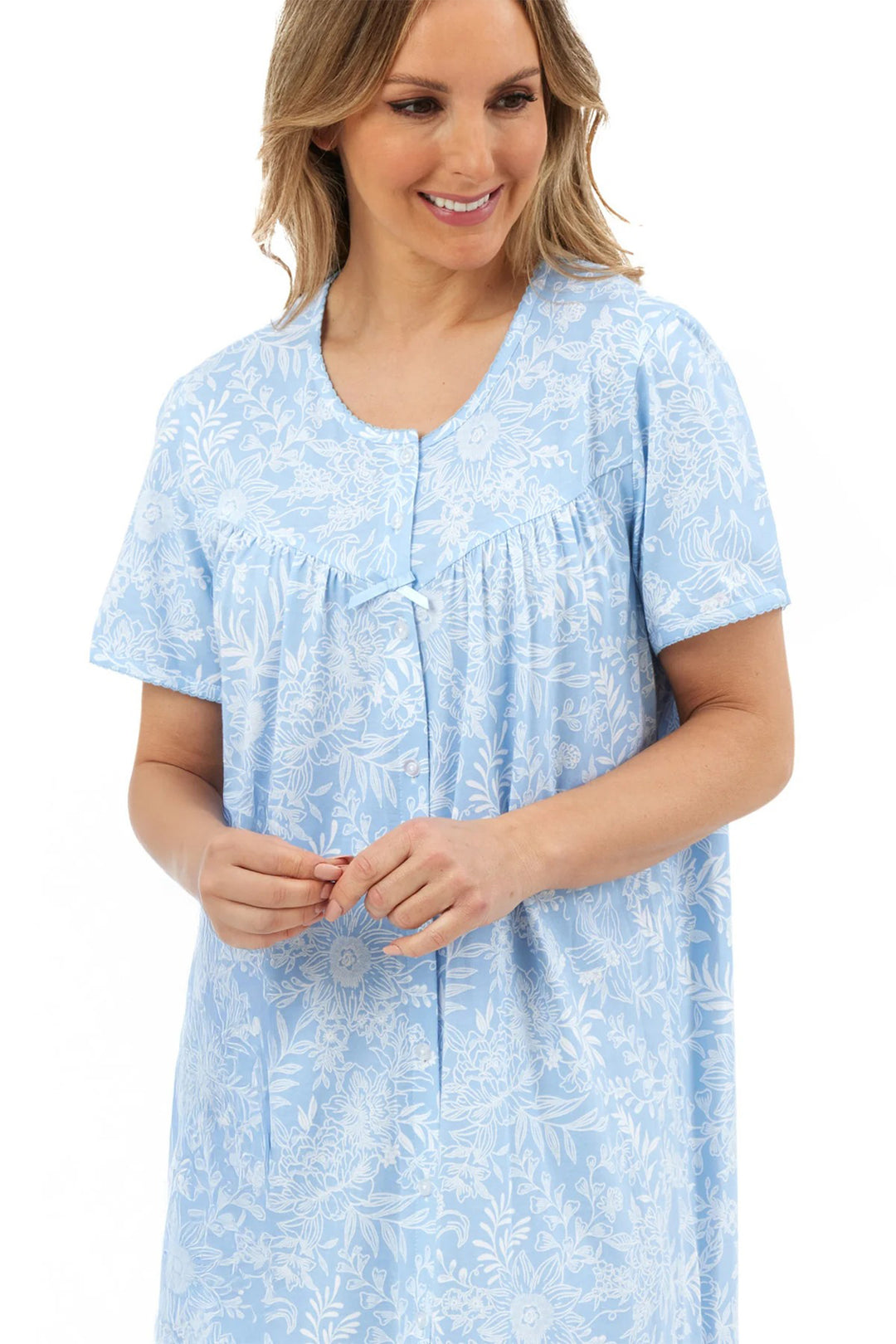 Marlon Linear Floral Blue Cotton Jersey Button Through Short Sleeve Nightdress MA44303 - Shirley Allum Boutique