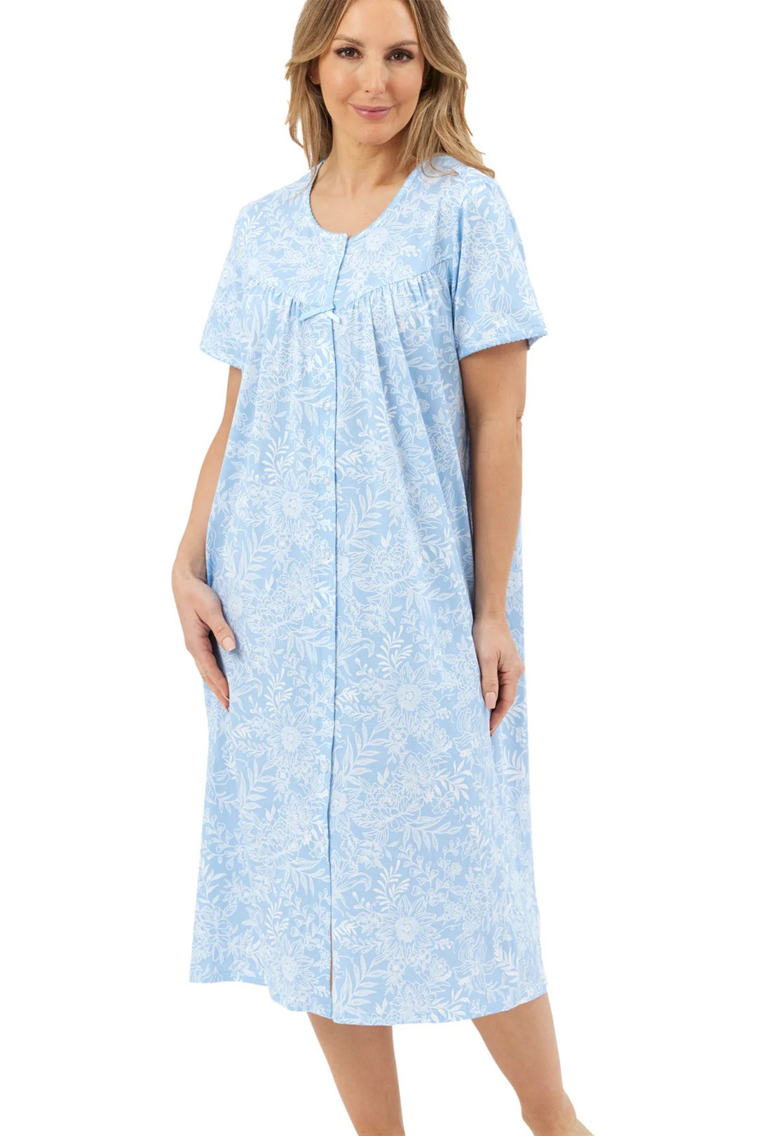 Marlon Linear Floral Blue Cotton Jersey Button Through Short Sleeve Nightdress MA44303 - Shirley Allum Boutique