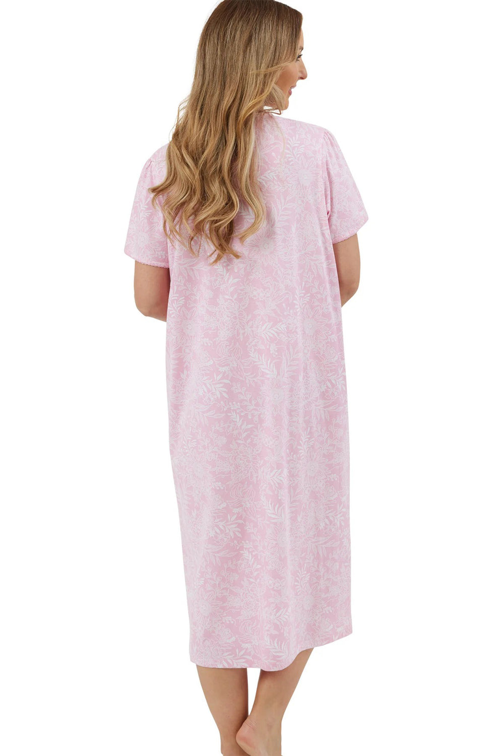 Marlon Linear Floral Pink Cotton Jersey Button Through Short Sleeve Nightdress MA44303 - Shirley Allum Boutique