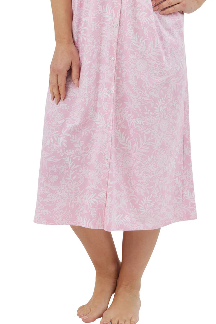 Marlon Linear Floral Pink Cotton Jersey Button Through Short Sleeve Nightdress MA44303 - Shirley Allum Boutique