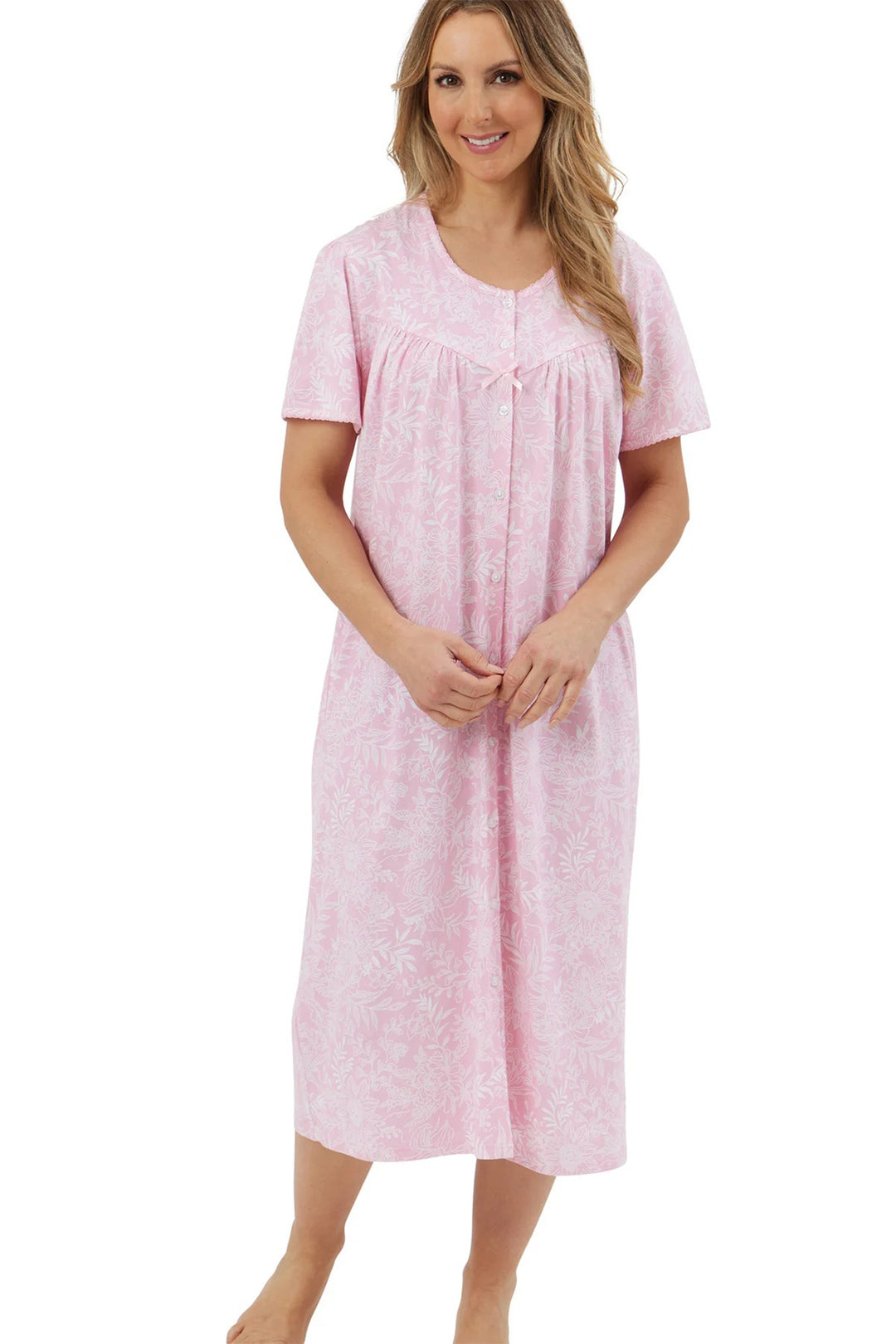 Marlon Linear Floral Pink Cotton Jersey Button Through Short Sleeve Nightdress MA44303 - Shirley Allum Boutique