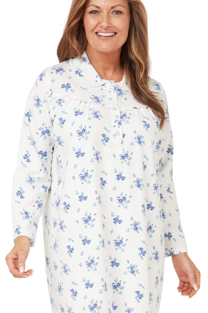 Marlon MA38316 Blue Floral Bouquet Winceyette Long Sleeve Nightdress - Shirley Allum Boutique