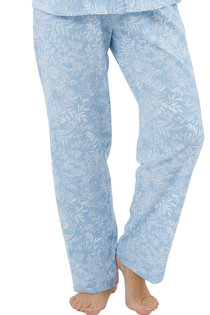 Light blue pajama pants with a subtle pattern on a white background