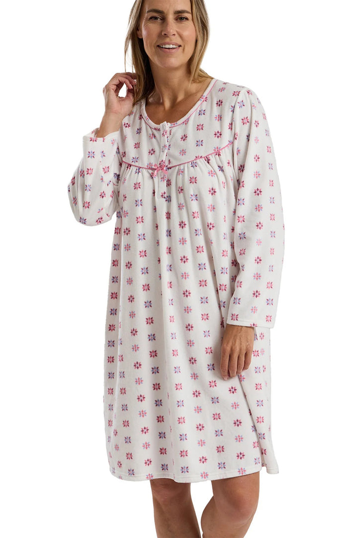 Marlon MA45728 Pink Geo Floral 40" Length Fleece Nightdress