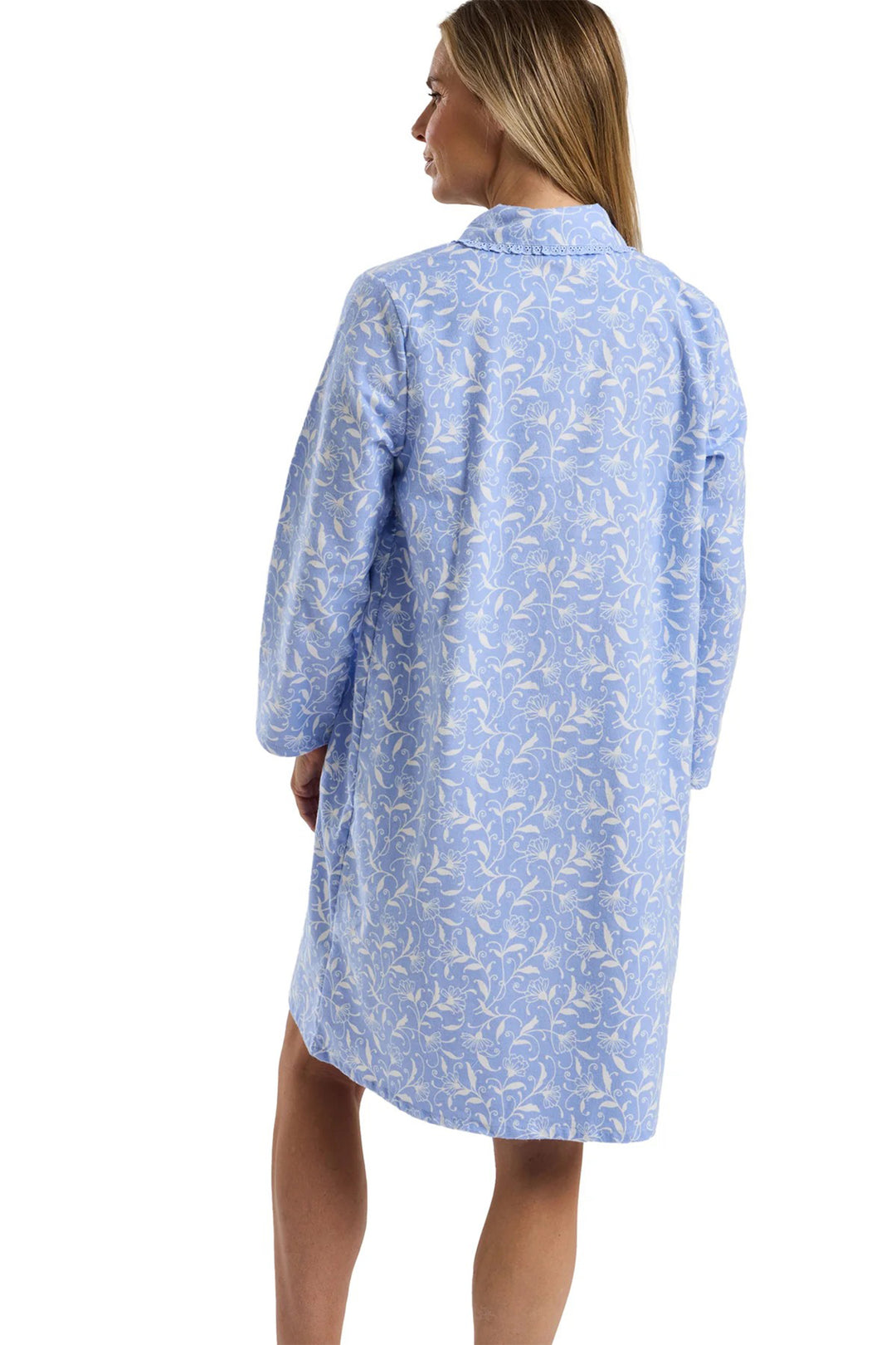 Marlon MA45754 Blue Pretty Vine Print Cosy Brushed Cotton 40" Long Sleeve Nightdress