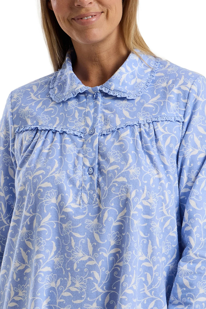 Marlon MA45754 Blue Pretty Vine Print Cosy Brushed Cotton 40" Long Sleeve Nightdress