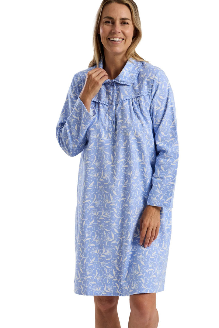 Marlon MA45754 Blue Pretty Vine Print Cosy Brushed Cotton 40" Long Sleeve Nightdress