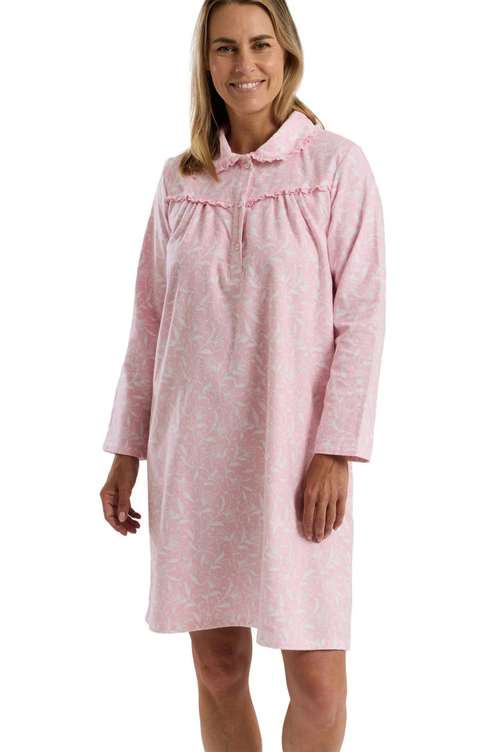Marlon MA45754 Pink Pretty Vine Print Cosy Brushed Cotton 40" Long Sleeve Nightdress