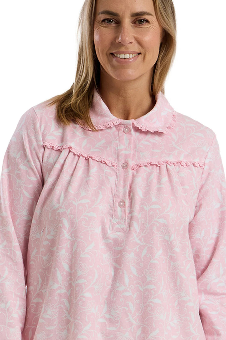 Marlon MA45754 Pink Pretty Vine Print Cosy Brushed Cotton 40" Long Sleeve Nightdress