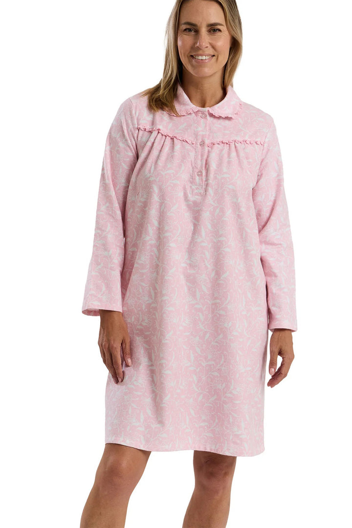 Marlon MA45754 Pink Pretty Vine Print Cosy Brushed Cotton 40" Long Sleeve Nightdress