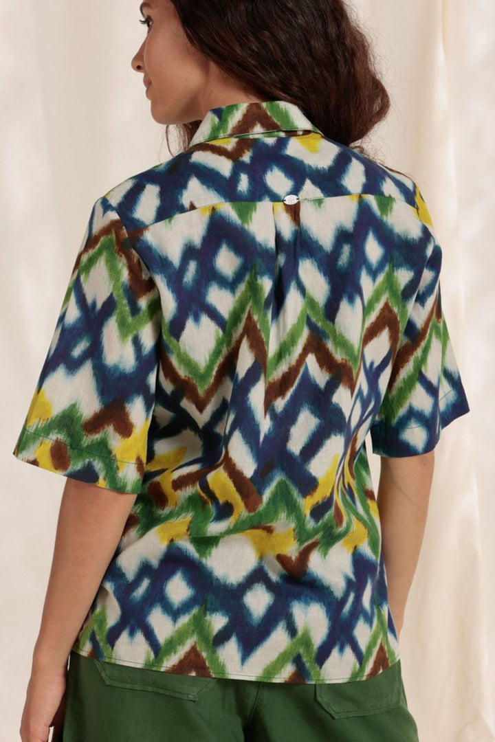 Mat De Misaine Candao-10244 I574 Green Kiwi Print Linen Mix Short Sleeve Shirt - Shirley Allum Boutique