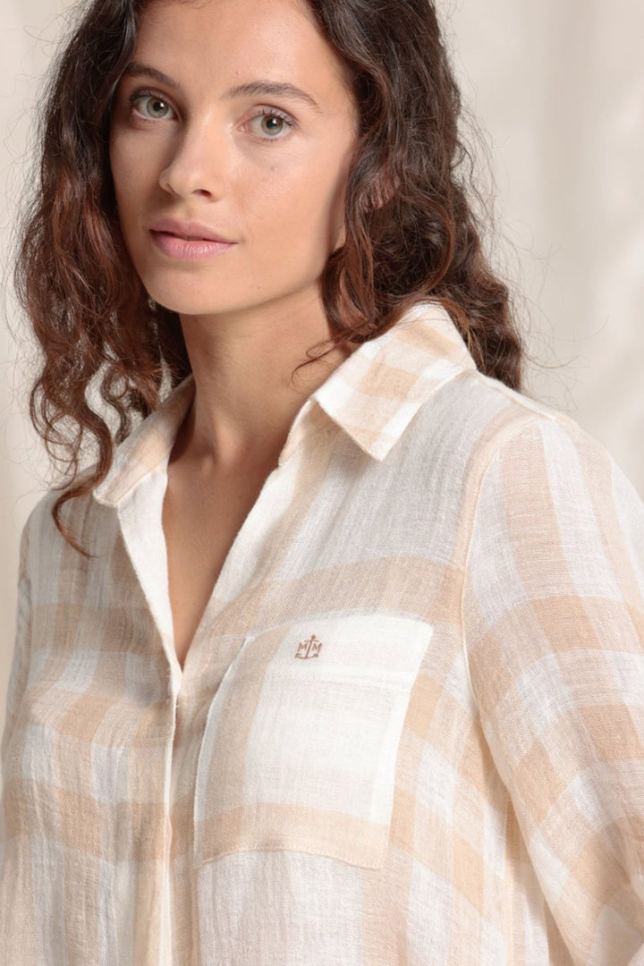 Mat De Misaine Cyclade-22747 C671 Beige Tiles Twine Checked Linen Shirt - Shirley Allum Boutique