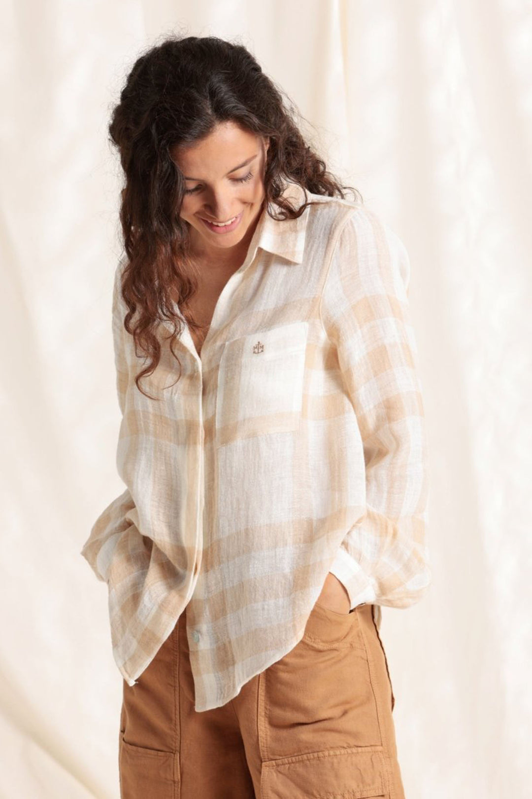 Mat De Misaine Cyclade-22747 C671 Beige Tiles Twine Checked Linen Shirt - Shirley Allum Boutique