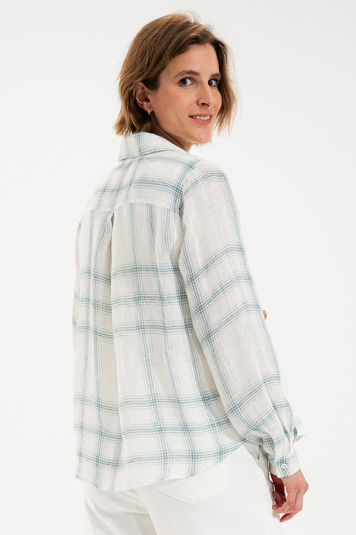 Mat De Misaine Cyclade White Green Canopee Check Linen Shirt 22747