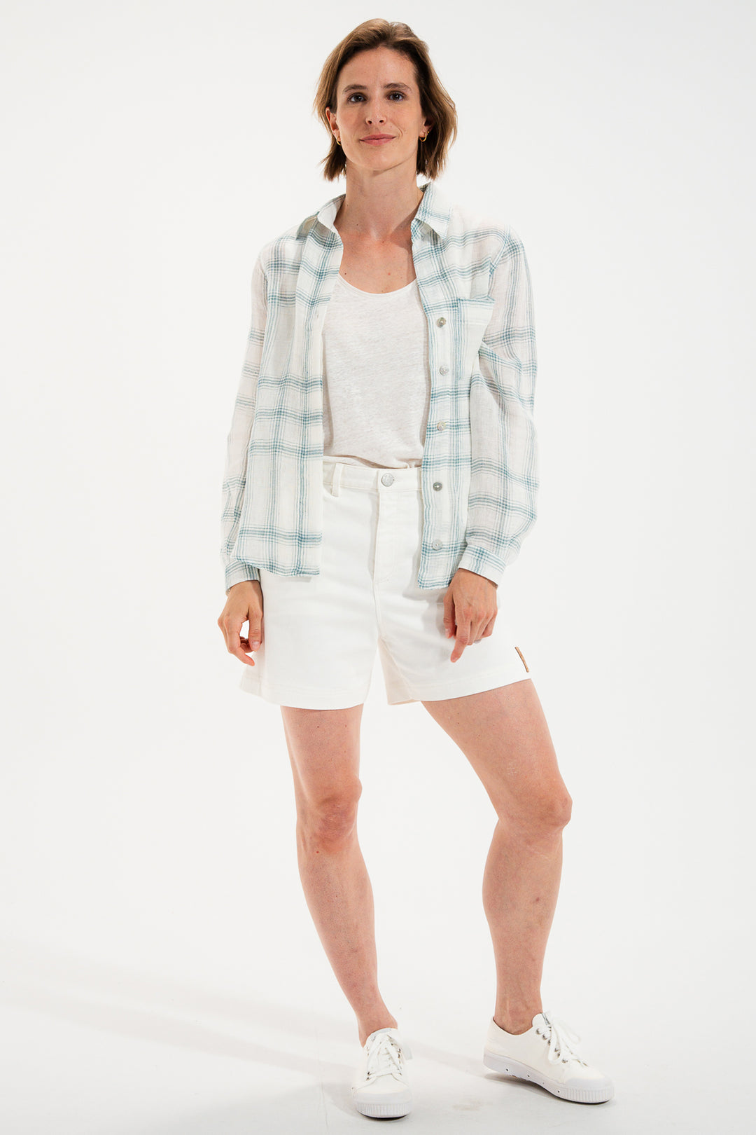 Mat De Misaine Cyclade White Green Canopee Check Linen Shirt 22747