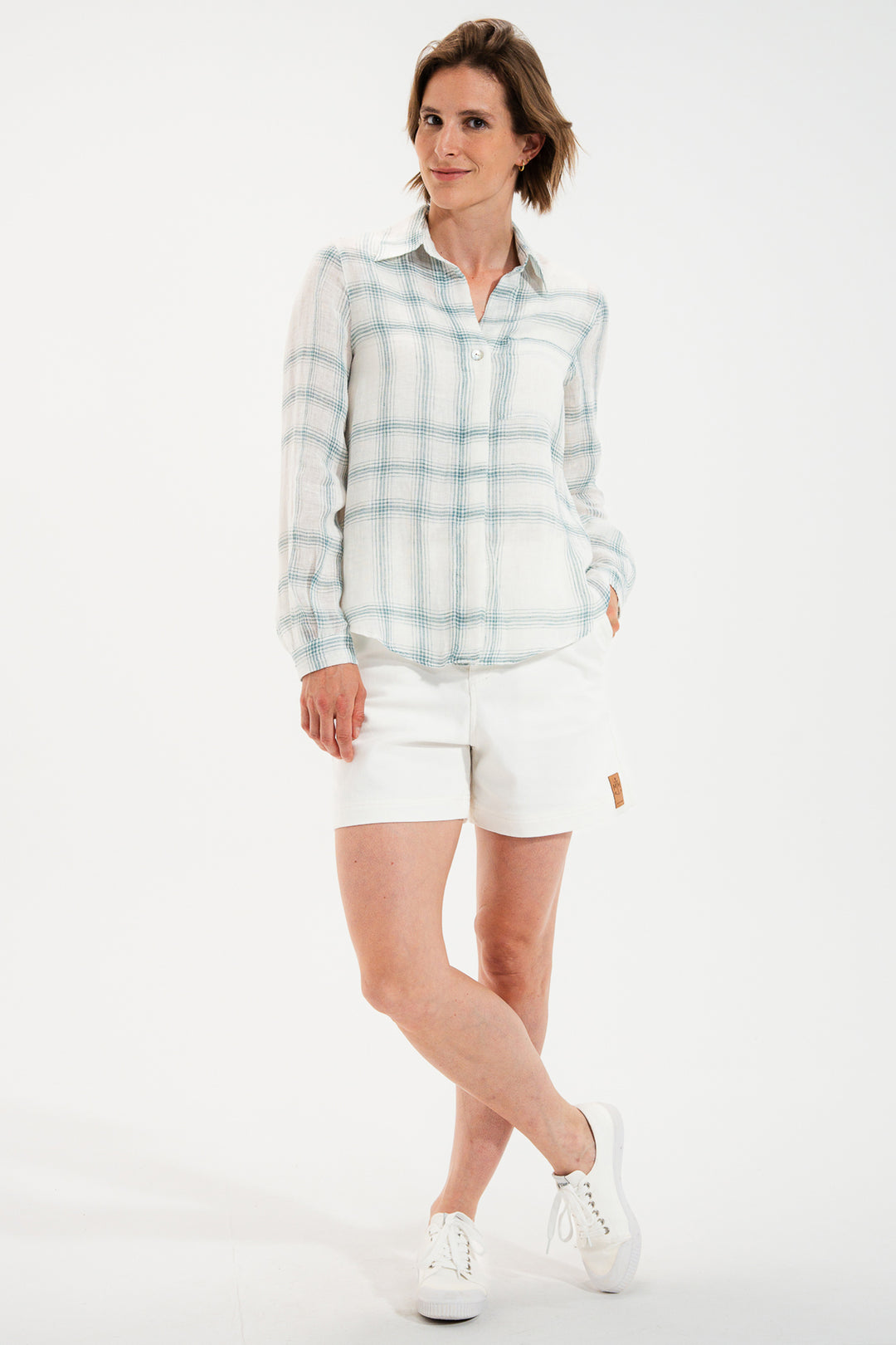 Mat De Misaine Cyclade White Green Canopee Check Linen Shirt 22747