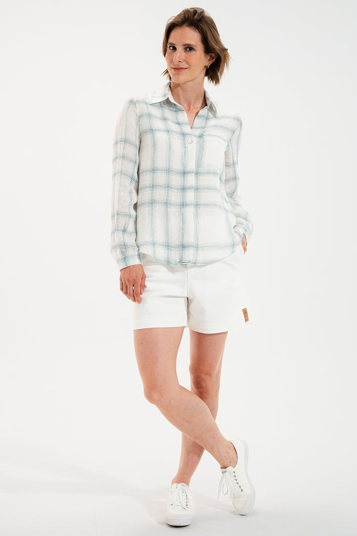 Mat De Misaine Cyclade White Green Canopee Check Linen Shirt 22747