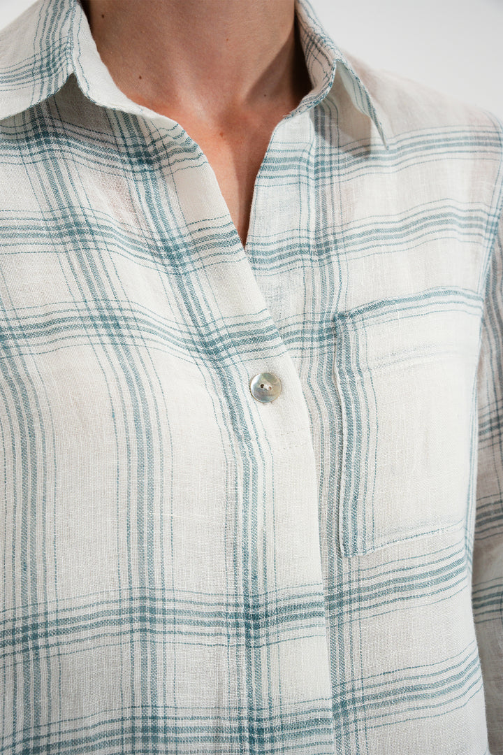 Mat De Misaine Cyclade White Green Canopee Check Linen Shirt 22747