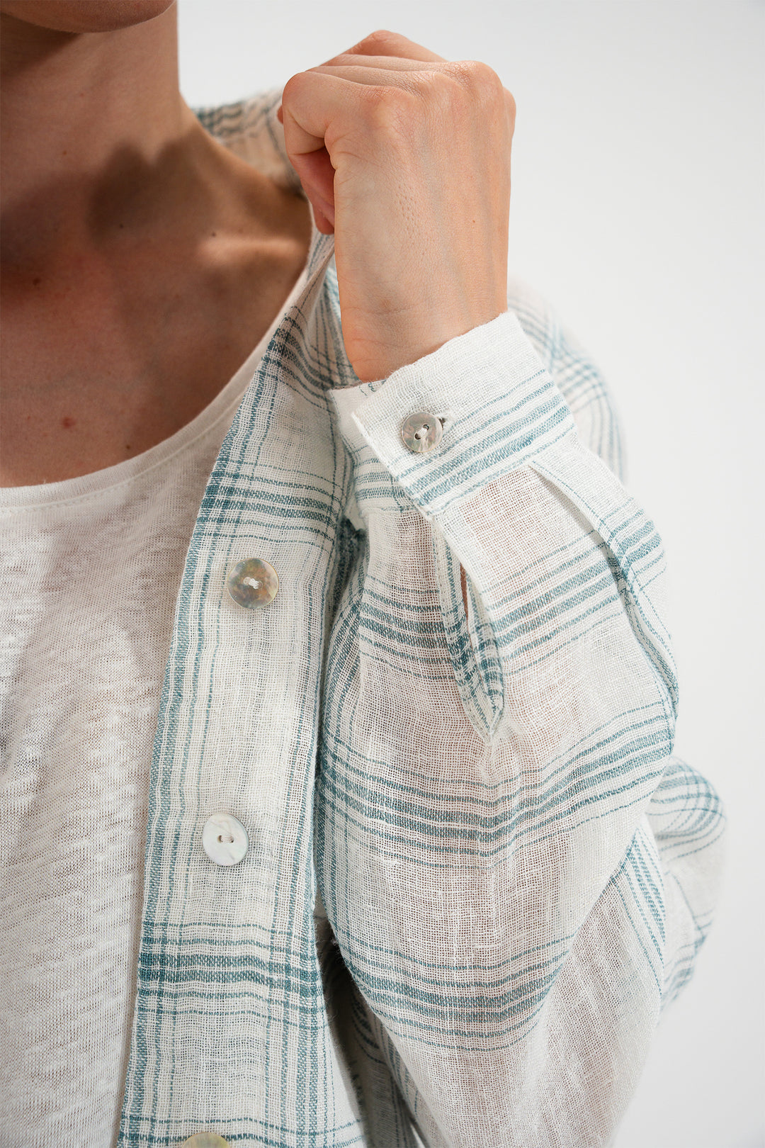 Mat De Misaine Cyclade White Green Canopee Check Linen Shirt 22747