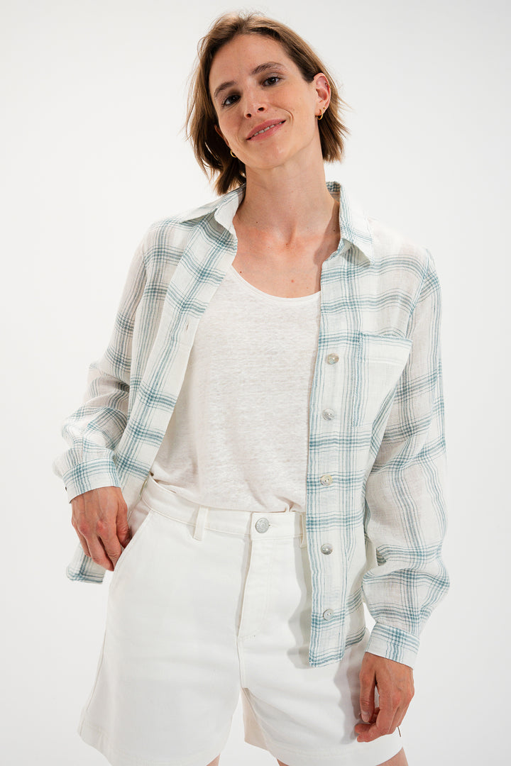 Mat De Misaine Cyclade White Green Canopee Check Linen Shirt 22747