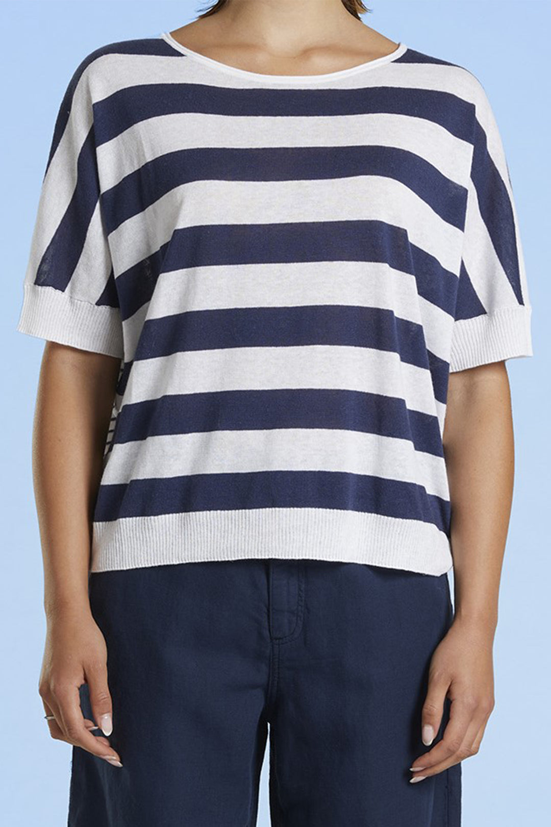 Mat De Misaine Jumper Short Sleeve Calcaire Indigo Stripe Tilou-511RP 1526 - Shirley Allum Boutique