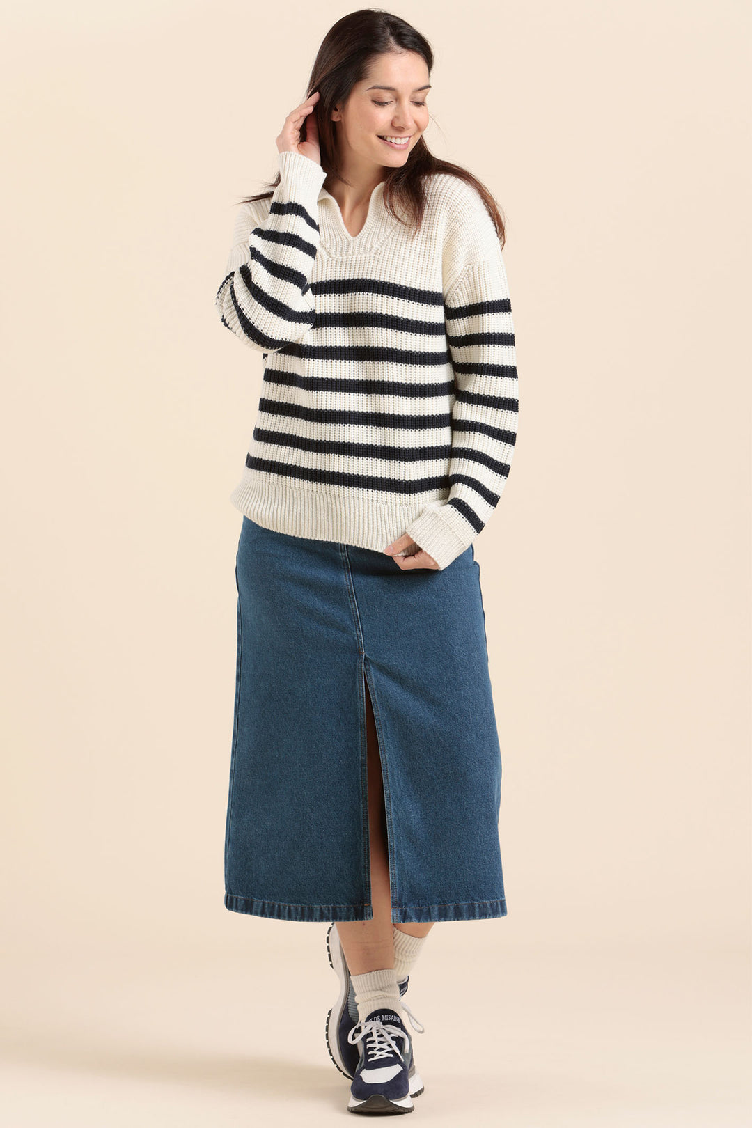 Mat De Misaine Jumper Striped Split Neck Cream Navy Tanguy-506R 1523 - Shirley Allum Boutique