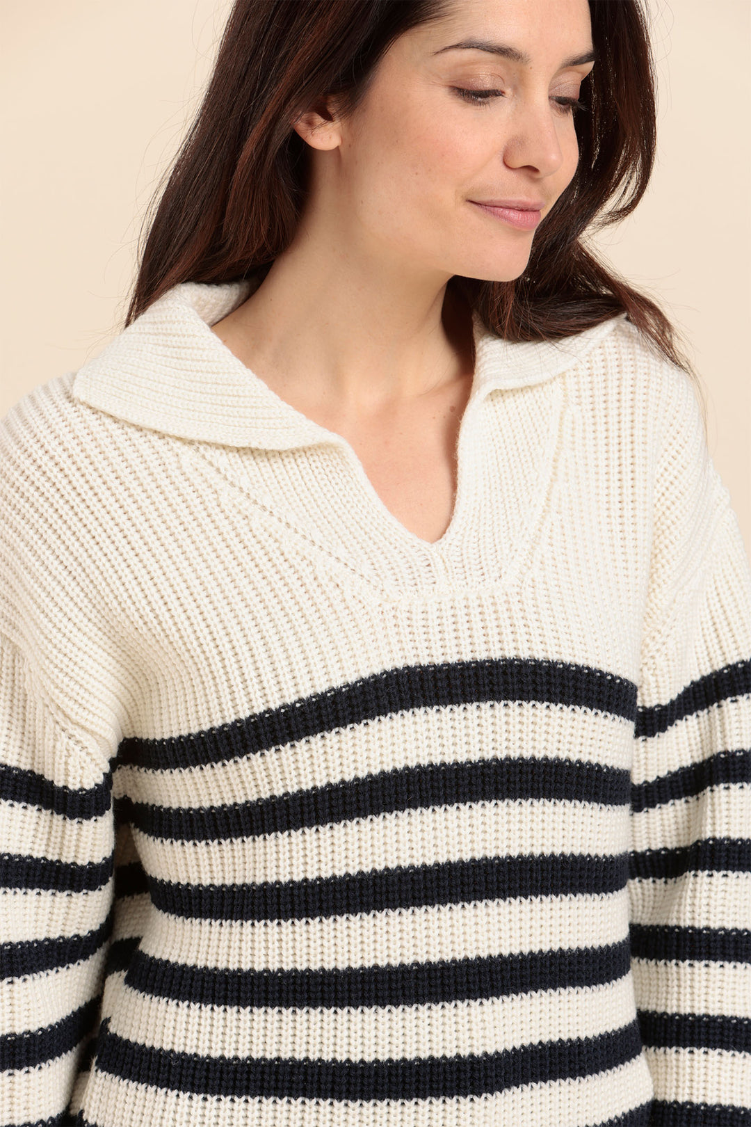 Mat De Misaine Jumper Striped Split Neck Cream Navy Tanguy-506R 1523 - Shirley Allum Boutique