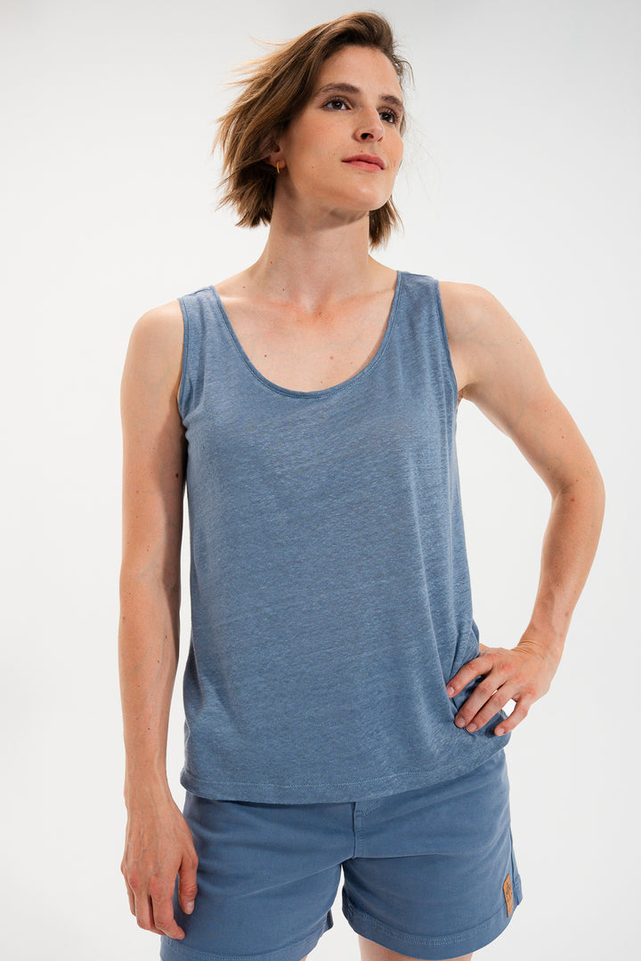 Mat De Misaine Milo Deb 618F Tempete Blue Linen Fine Knit Vest Top