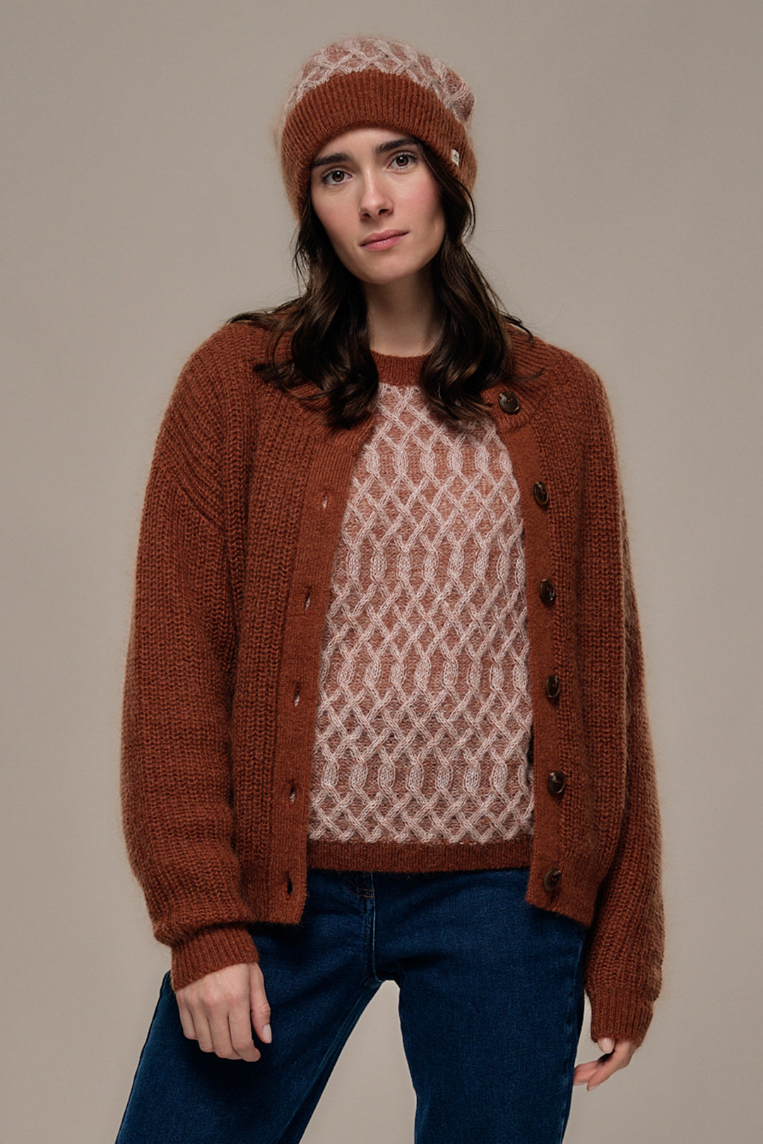 Mat de Misaine Noisette Brown Cardigan THEA CARD-545, front view