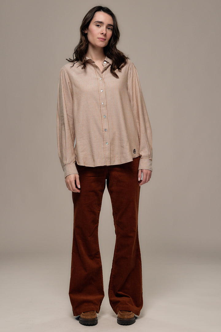 Mat de Misaine Raye Noisette Beige Blouse CADRAN-4193, front full length