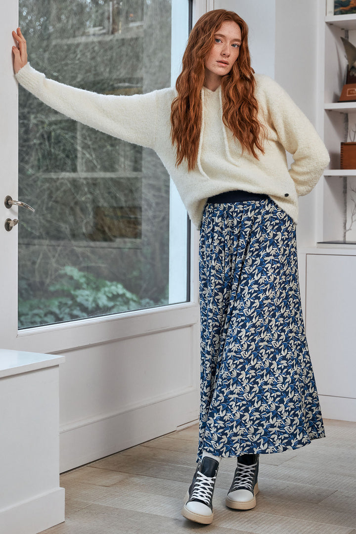 Mat De Misaine Skirt Midi Leaf Print Navy Cream Jade-2917HE I63 - Shirley Allum Boutique