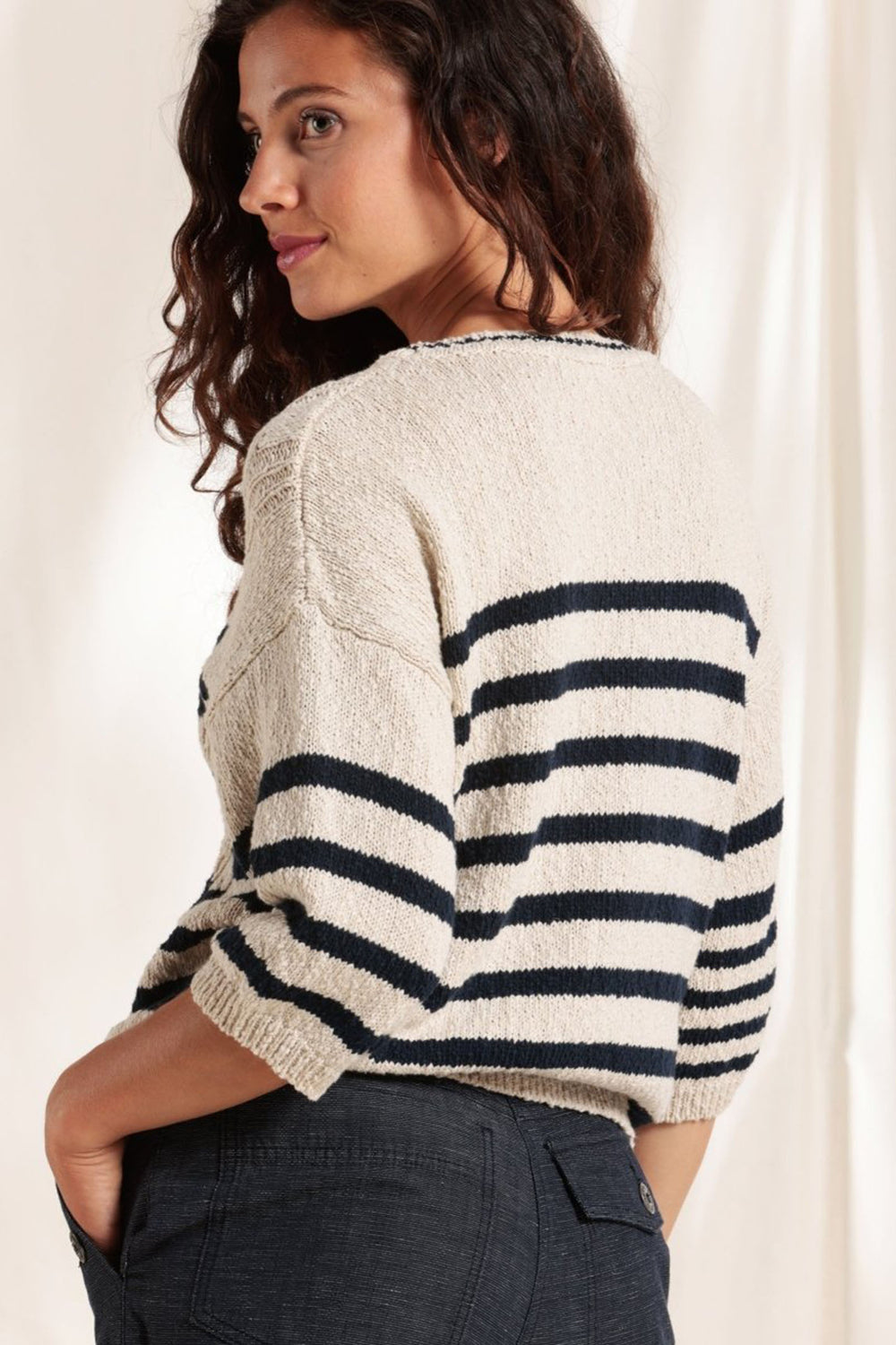 Mat De Misaine Thebes-501R 67123 Beige Navy Stripe Cotton Linen Jumper - Shirley Allum Boutique