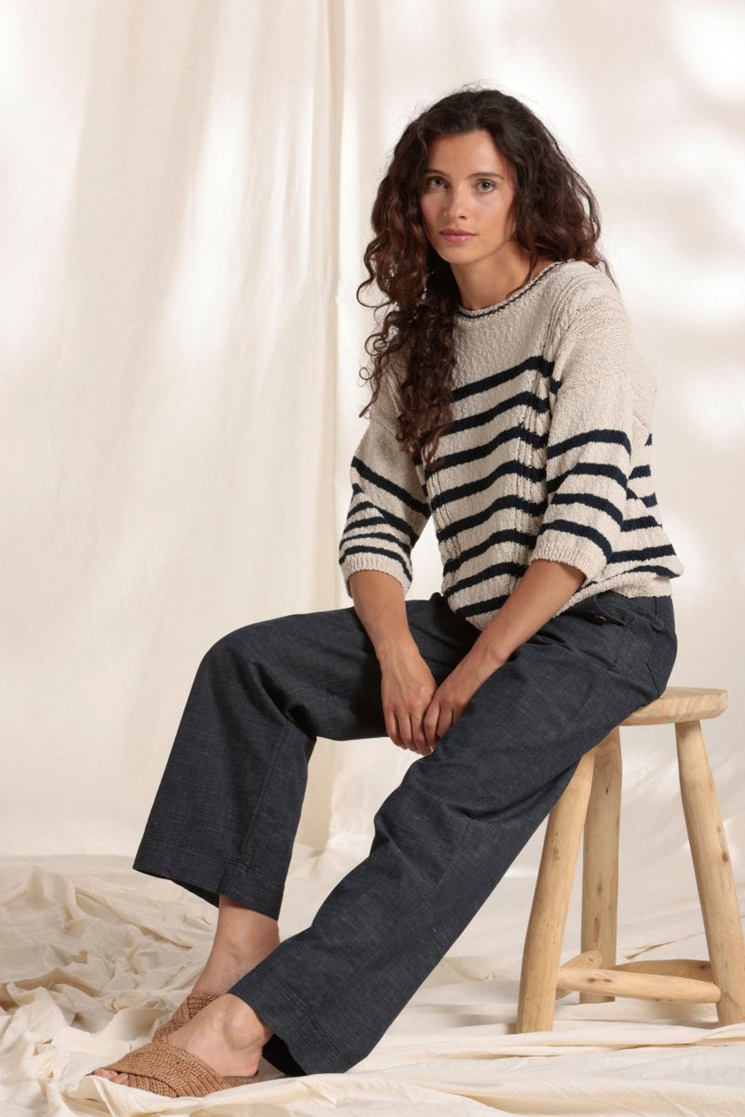 Mat De Misaine Thebes-501R 67123 Beige Navy Stripe Cotton Linen Jumper - Shirley Allum Boutique