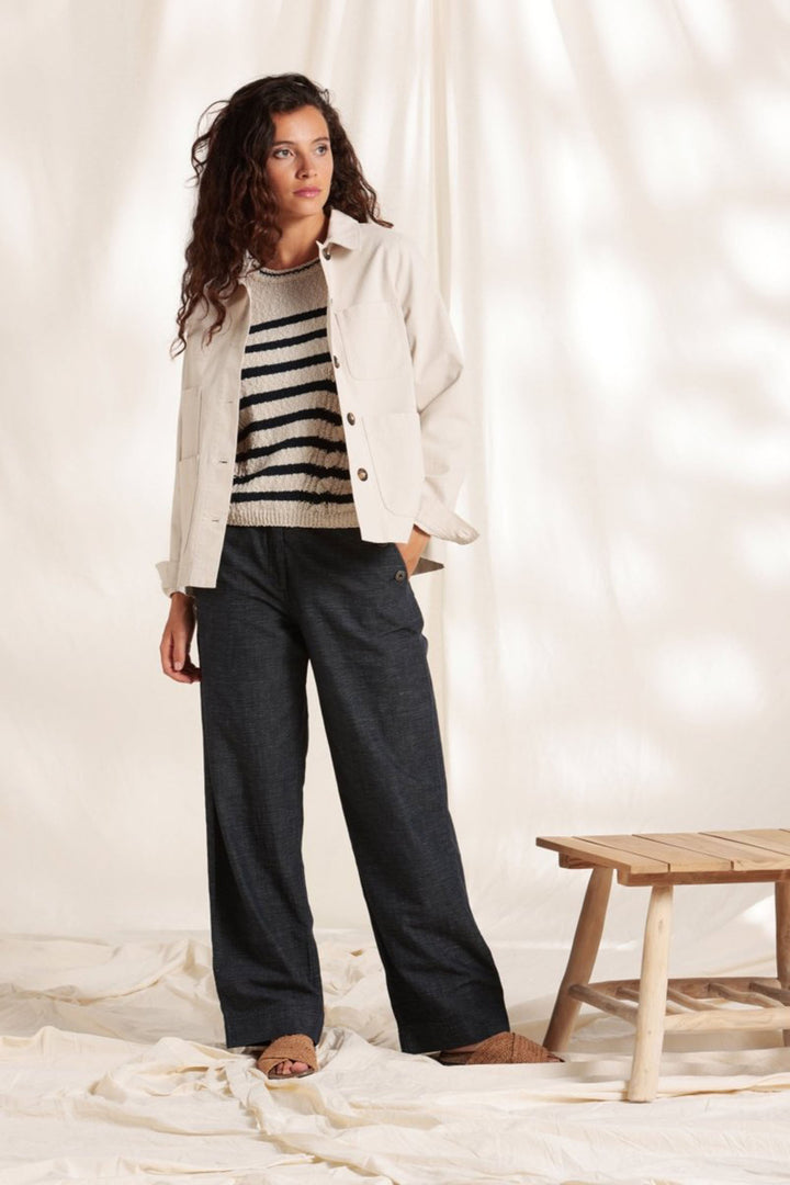 Mat De Misaine Thebes-501R 67123 Beige Navy Stripe Cotton Linen Jumper - Shirley Allum Boutique