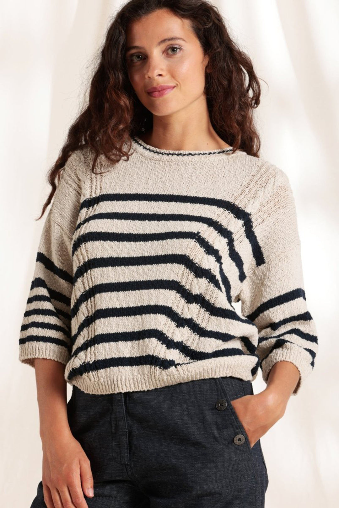 Mat De Misaine Thebes-501R 67123 Beige Navy Stripe Cotton Linen Jumper - Shirley Allum Boutique