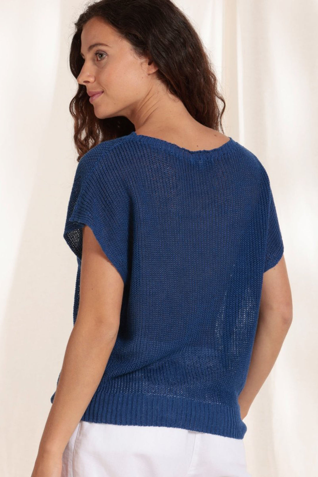 Mat De Misaine Touques-524 U20 Orion Blue Short Sleeve Linen Jumper - Shirley Allum Boutique