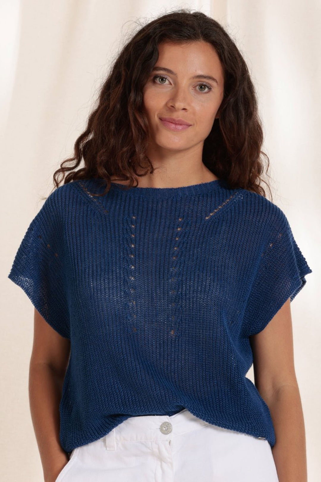 Mat De Misaine Touques-524 U20 Orion Blue Short Sleeve Linen Jumper - Shirley Allum Boutique