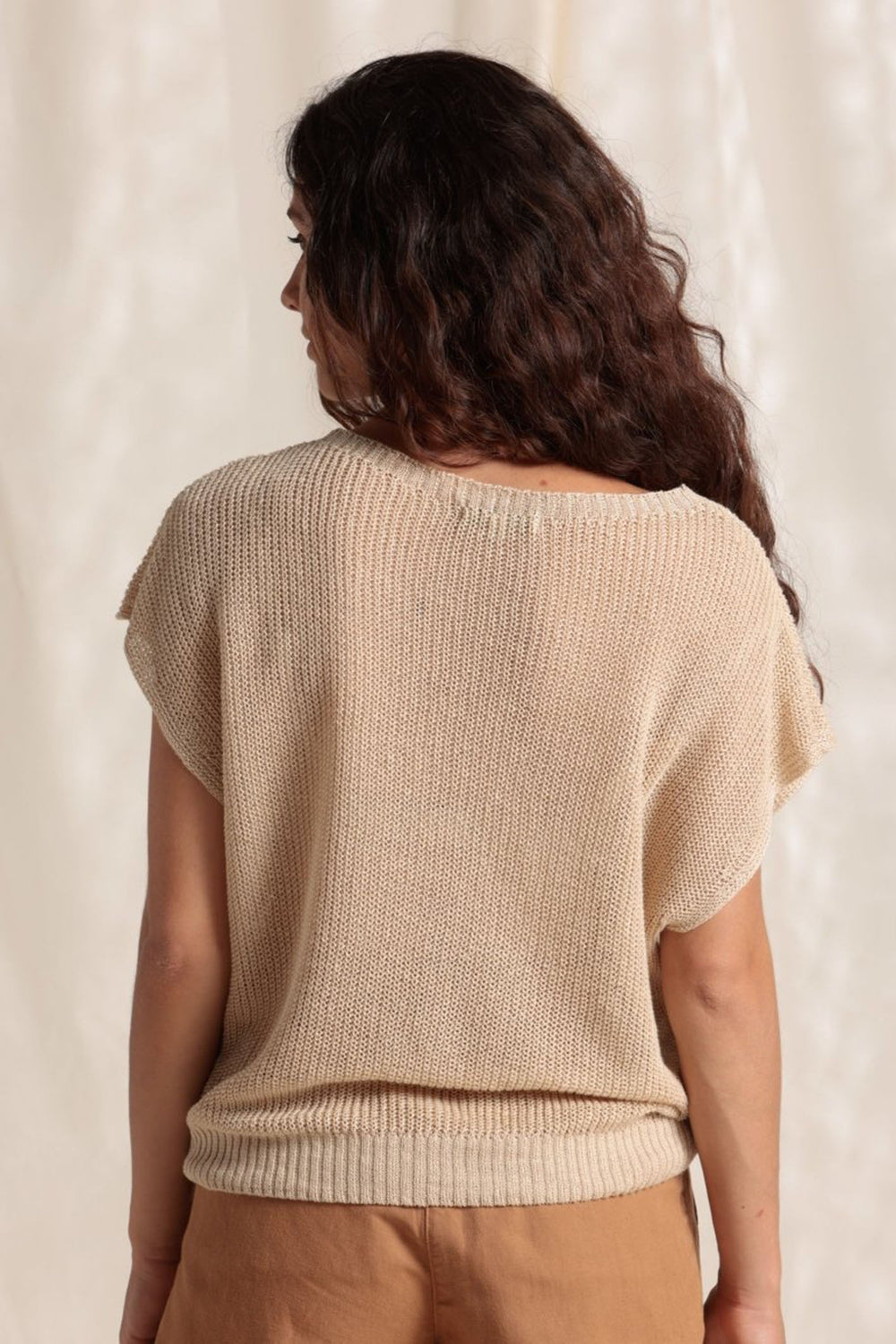 Mat De Misaine Touques-524 U671 String Taupe Short Sleeve Linen Jumper - Shirley Allum Boutique