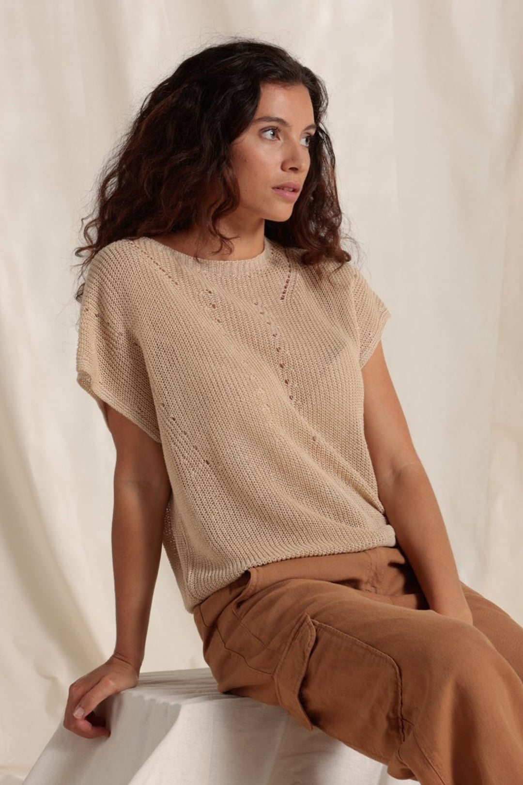 Mat De Misaine Touques-524 U671 String Taupe Short Sleeve Linen Jumper - Shirley Allum Boutique