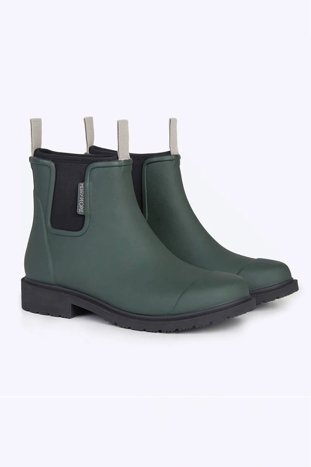 Merry People Bobbi Forest Green Short Wellington Boots, front angle