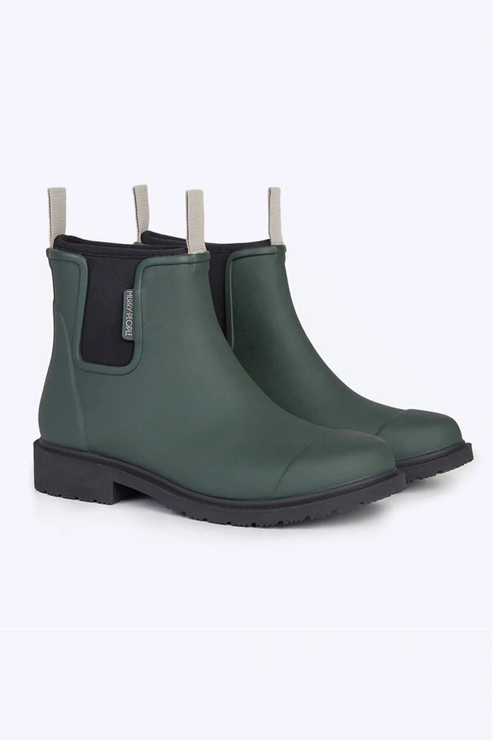 Merry People Bobbi Forest Green Short Wellington Boots, front angle