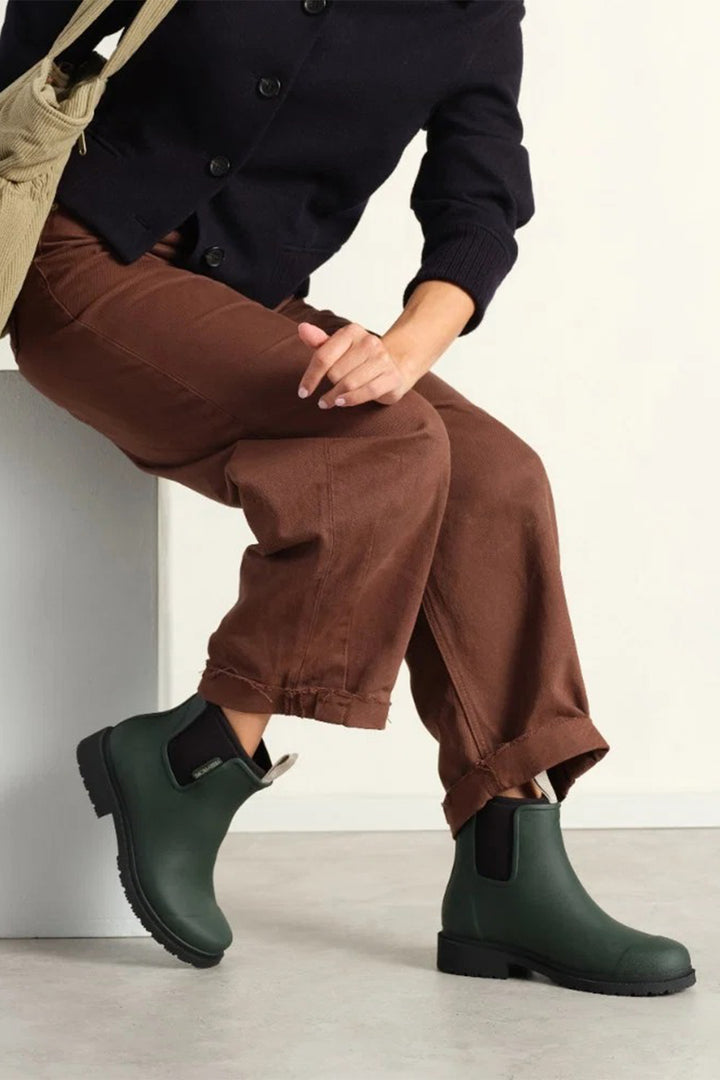 Merry People Bobbi Forest Green Short Wellington Boots, worn