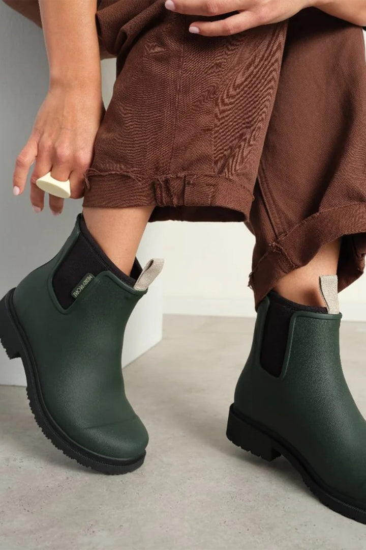 Merry People Bobbi Forest Green Short Wellington Boots, worn, second view
