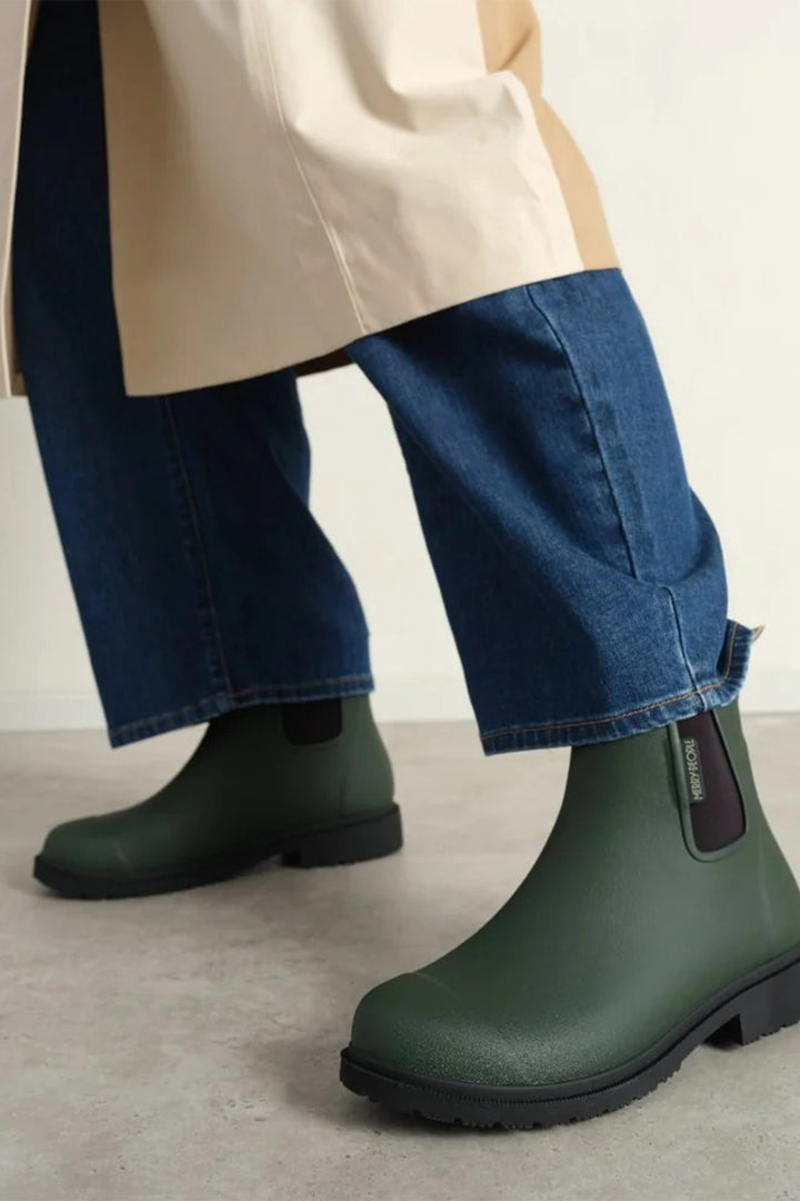 Merry People Bobbi Forest Green Short Wellington Boots, worn, fourth view