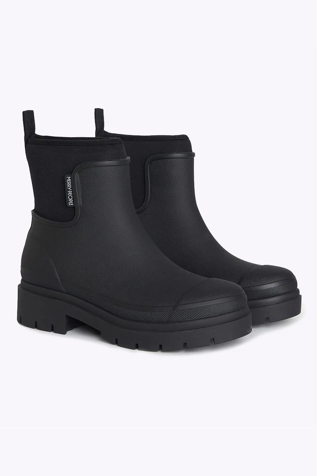 Merry People Tully Black Short Wellington Boots, front angle