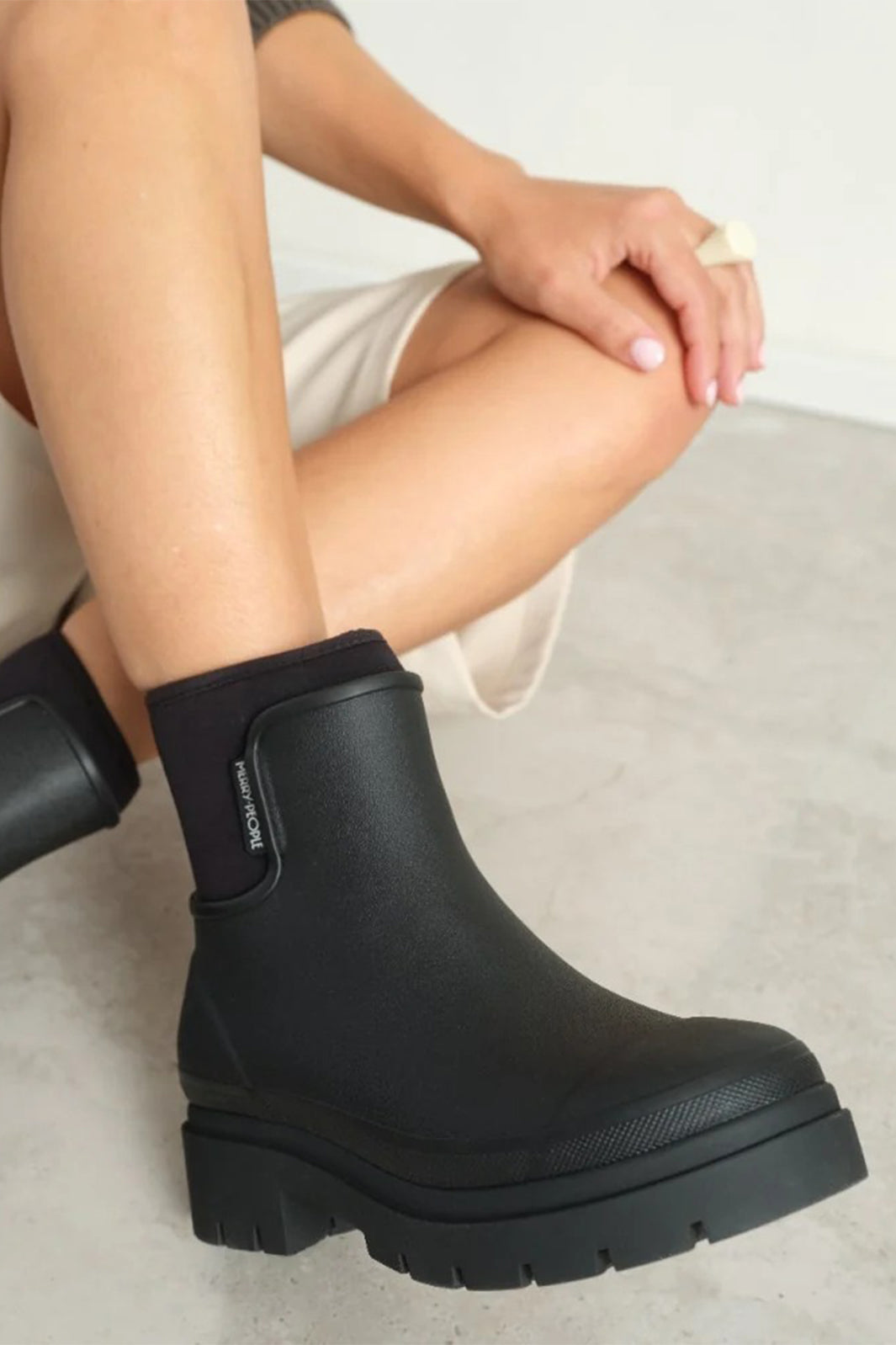 Merry People Tully Black Short Wellington Boots, worn, second view