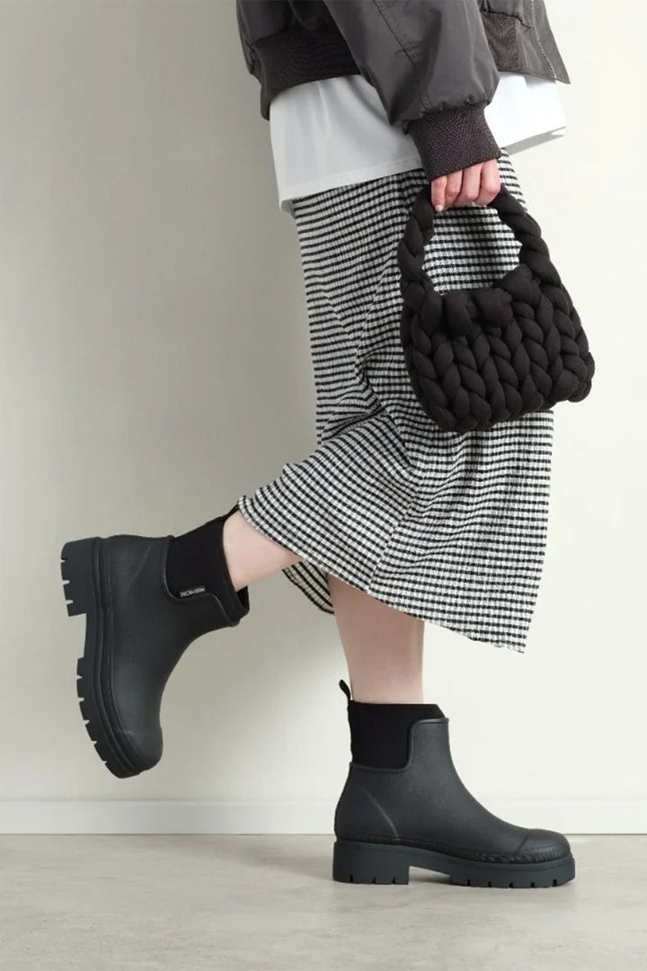 Merry People Tully Black Short Wellington Boots, worn, third view