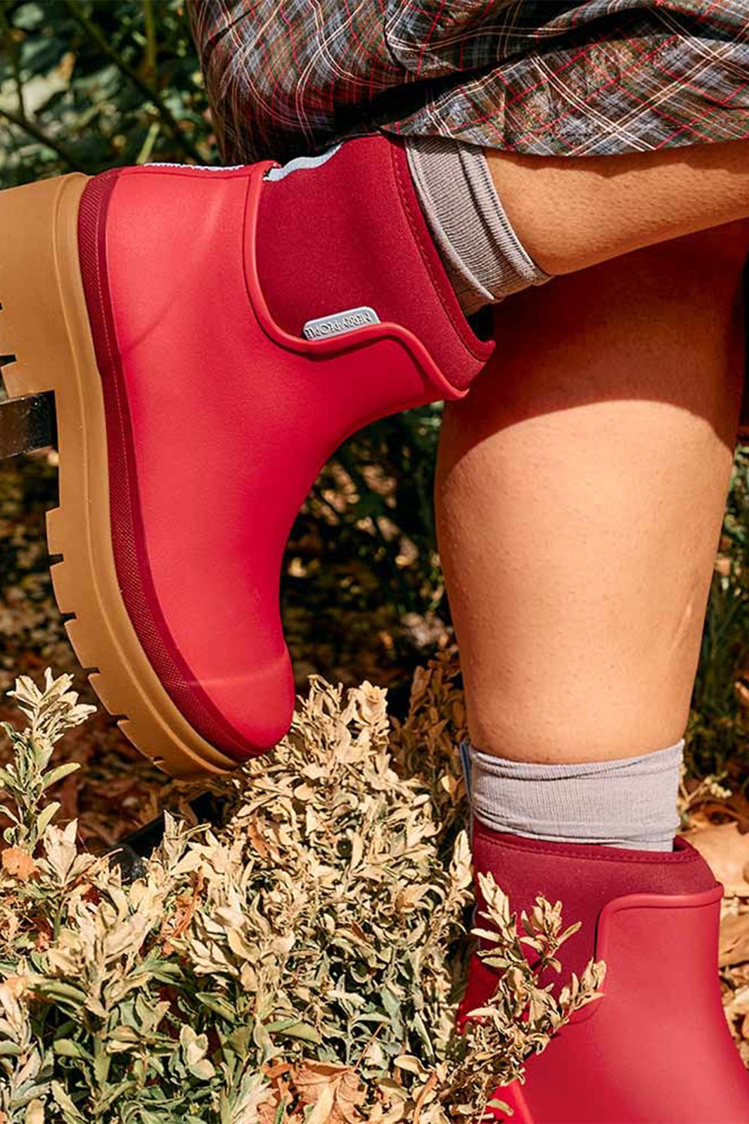 Merry People Tully Chilli Red Short Wellington Boots, lifestyle, second view