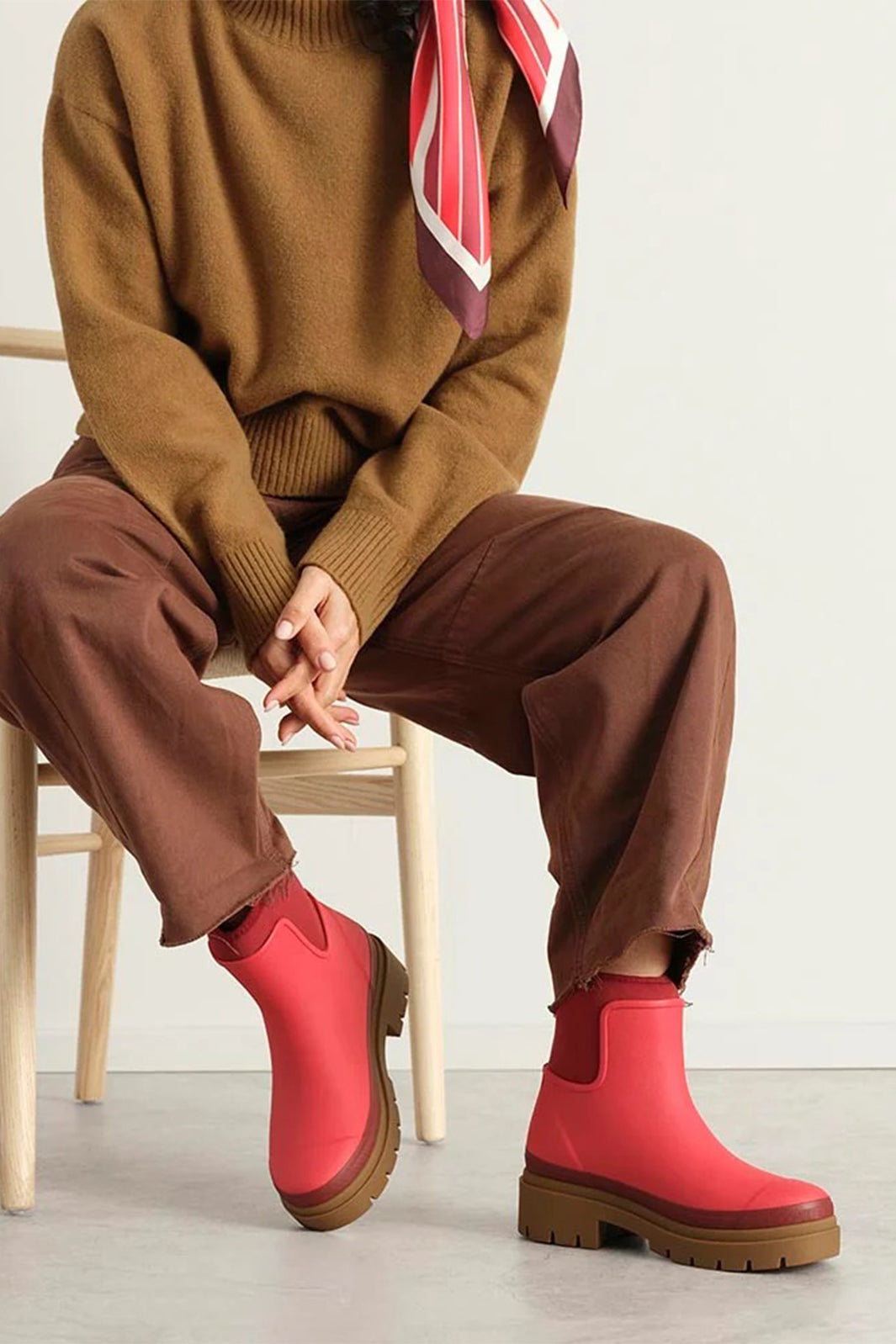 Merry People Tully Chilli Red Short Wellington Boots, worn