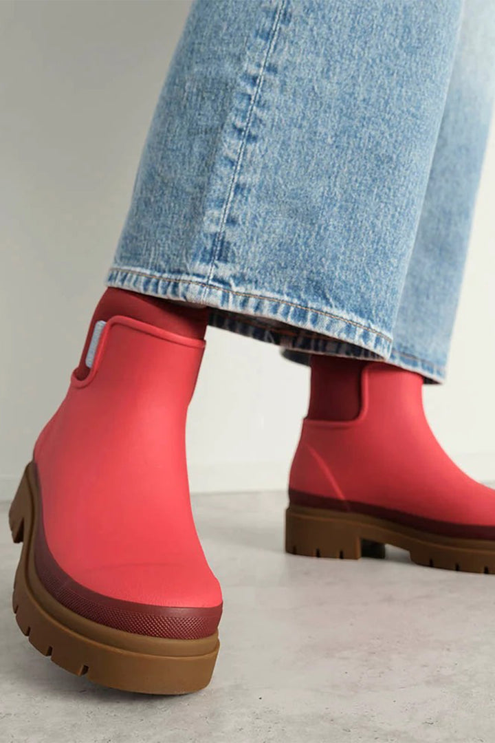 Merry People Tully Chilli Red Short Wellington Boots, worn, fourth view